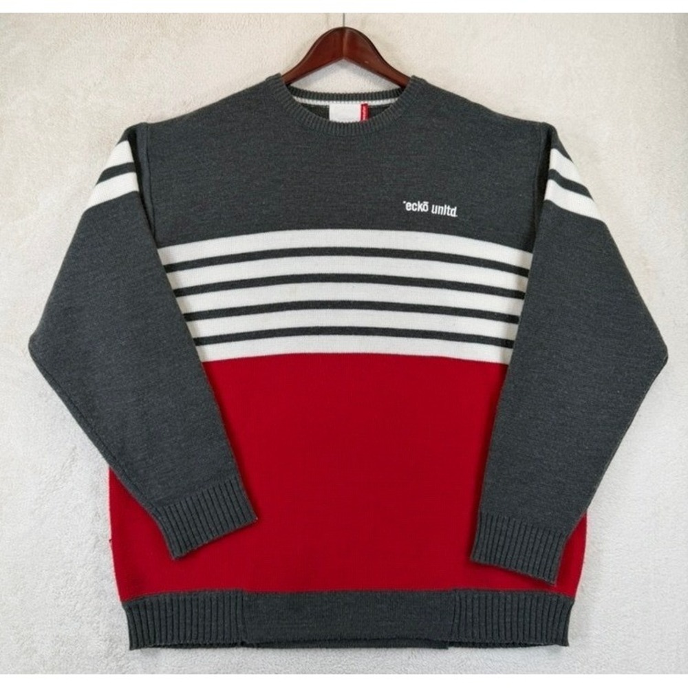 Vintage Ecko Unltd Sweater Mens XXL‎ Gray Red Striped Crewneck Knit 100% Acrylic